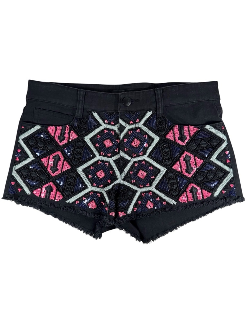 JOE'S JEANS Black Denim Pink Sequin Embellished Shorts Women's 27 Frayed Fringe